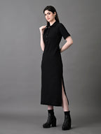Myshka Women's Elegant Black Midi Dress With Collared Neckline - Distacart
