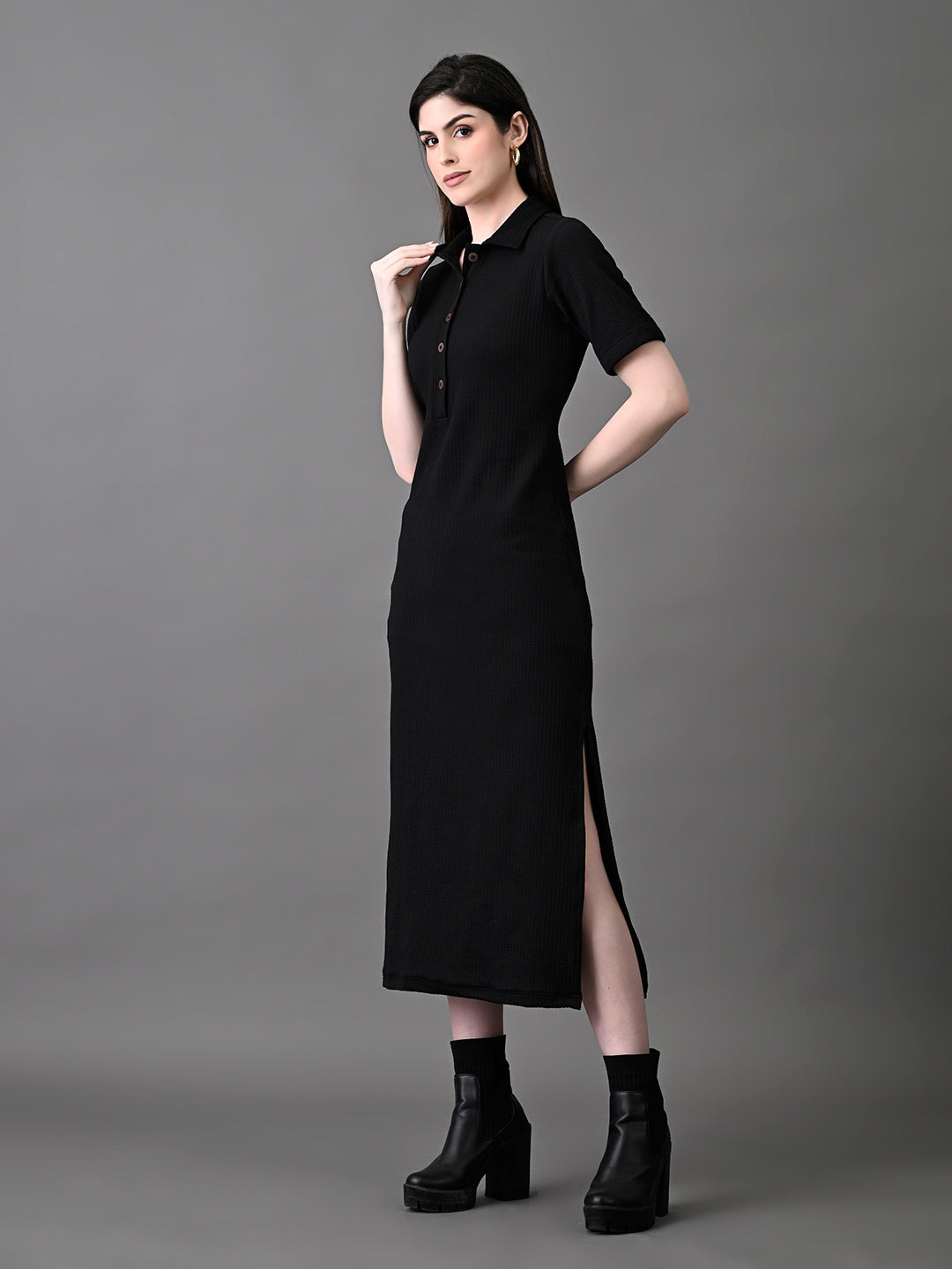 Myshka Women's Elegant Black Midi Dress With Collared Neckline - Distacart