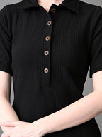 Myshka Women's Elegant Black Midi Dress With Collared Neckline - Distacart