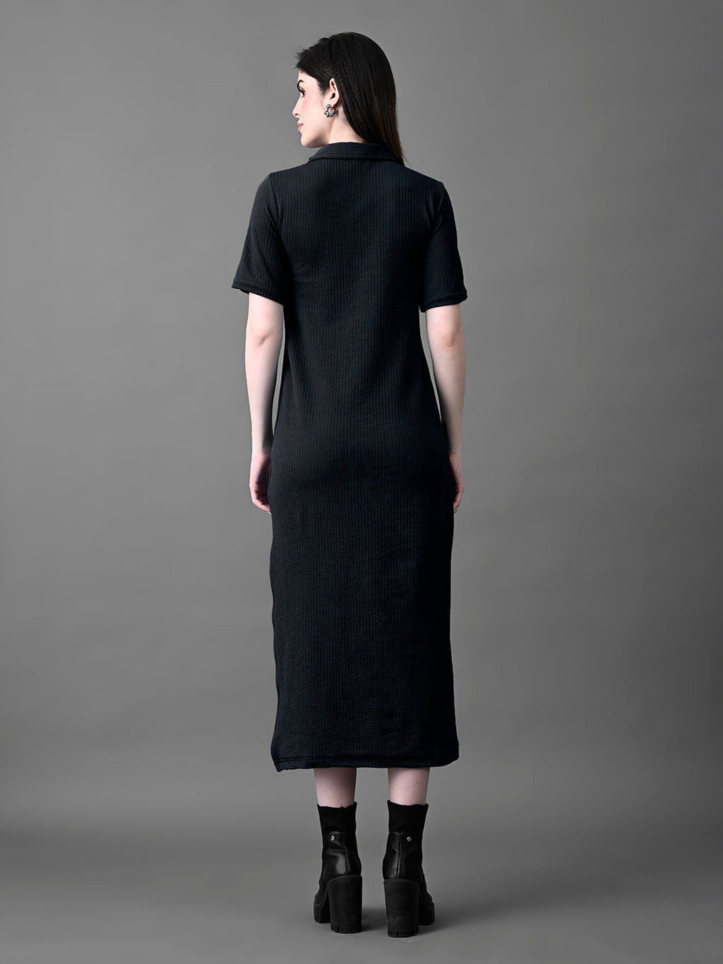 Myshka Women's Elegant Black Midi Dress With Collared Neckline - Distacart