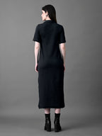 Myshka Women's Elegant Black Midi Dress With Collared Neckline - Distacart