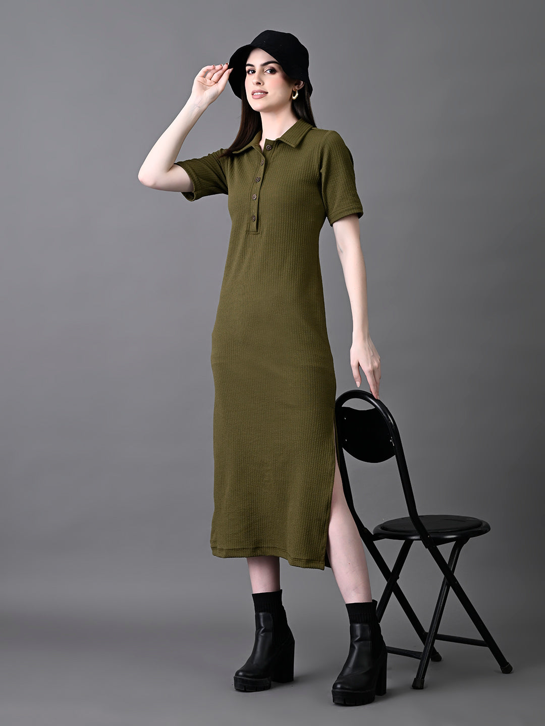 Myshka Women's Elegant Olive Midi Dress With Collared Neckline - Distacart