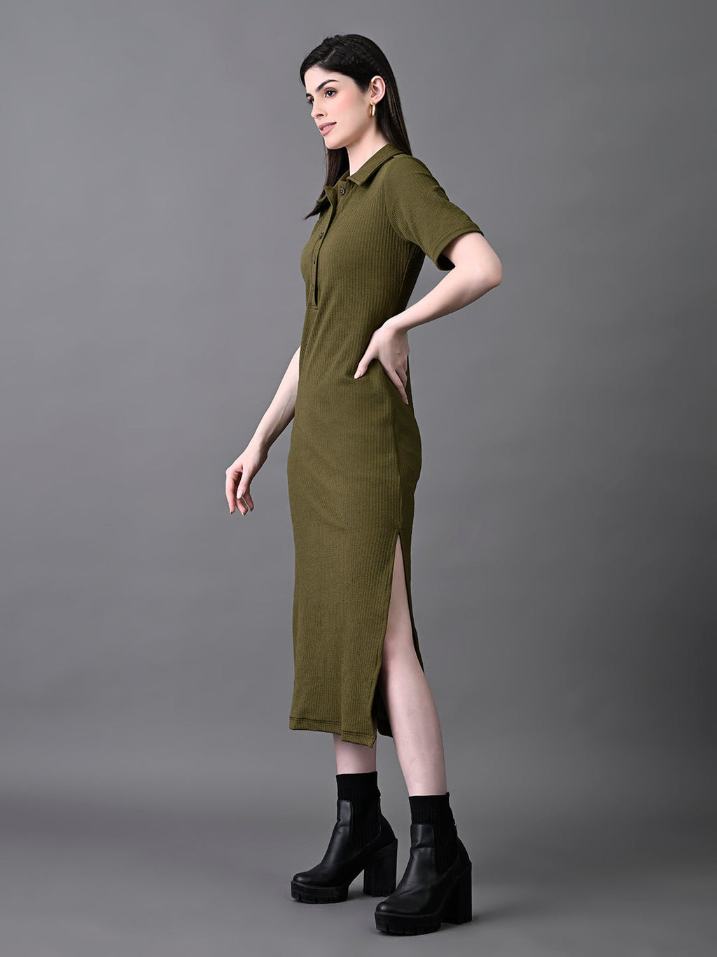 Myshka Women's Elegant Olive Midi Dress With Collared Neckline - Distacart