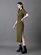 Myshka Women's Elegant Olive Midi Dress With Collared Neckline - Distacart