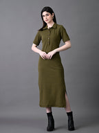 Myshka Women's Elegant Olive Midi Dress With Collared Neckline - Distacart