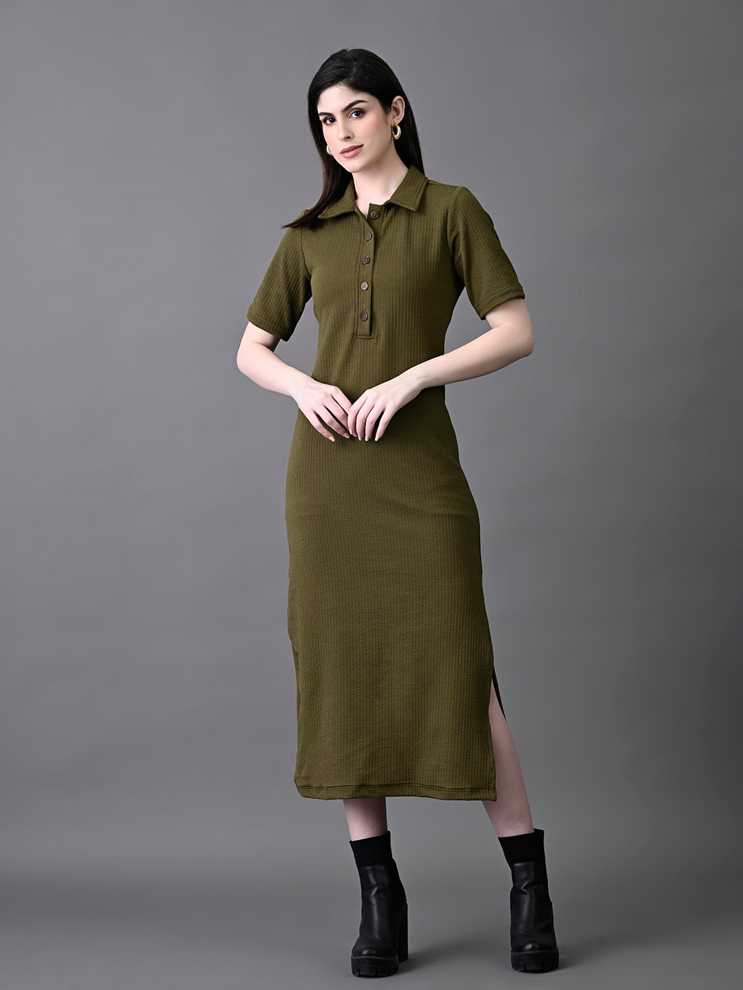 Myshka Women's Elegant Olive Midi Dress With Collared Neckline - Distacart