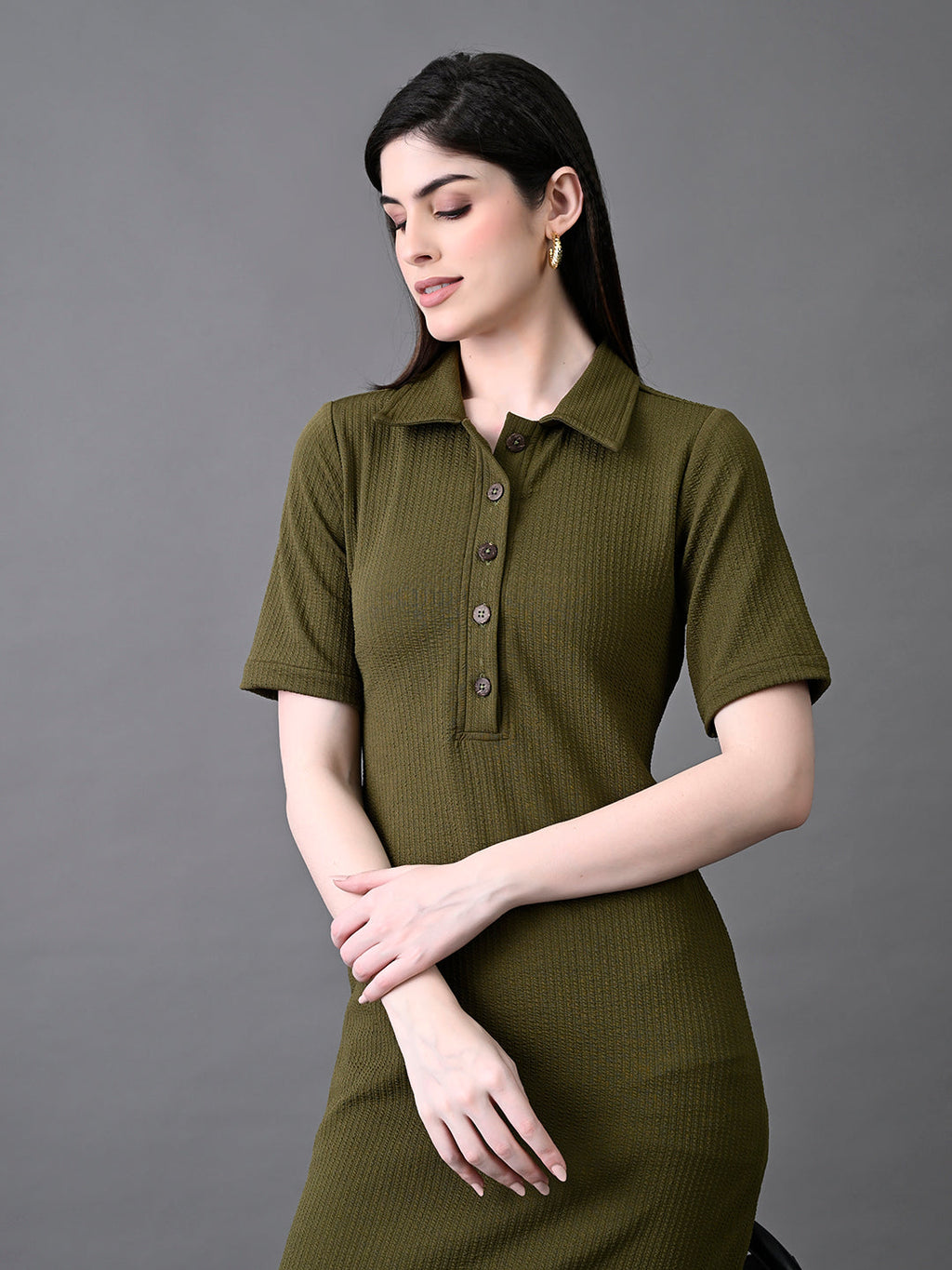 Myshka Women's Elegant Olive Midi Dress With Collared Neckline - Distacart