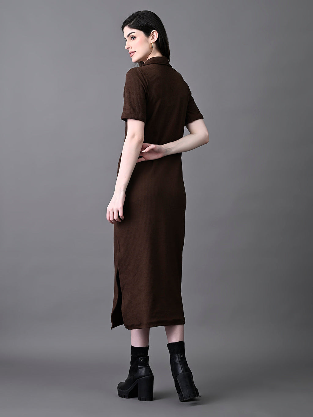 Myshka Women's Elegant Coffe Midi Dress With Collared Neckline - Distacart