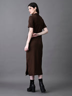 Myshka Women's Elegant Coffe Midi Dress With Collared Neckline - Distacart