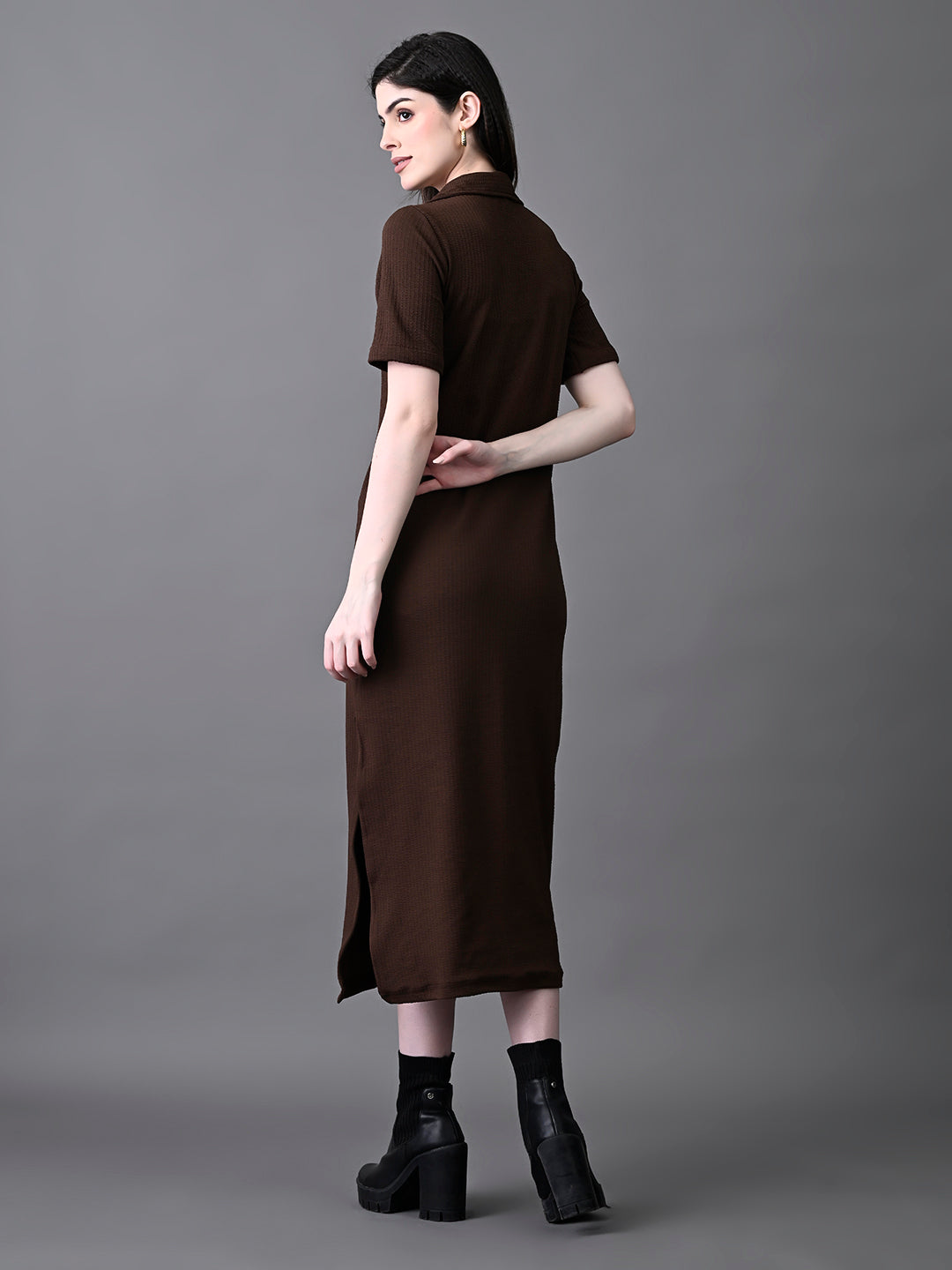 Myshka Women's Elegant Coffe Midi Dress With Collared Neckline - Distacart