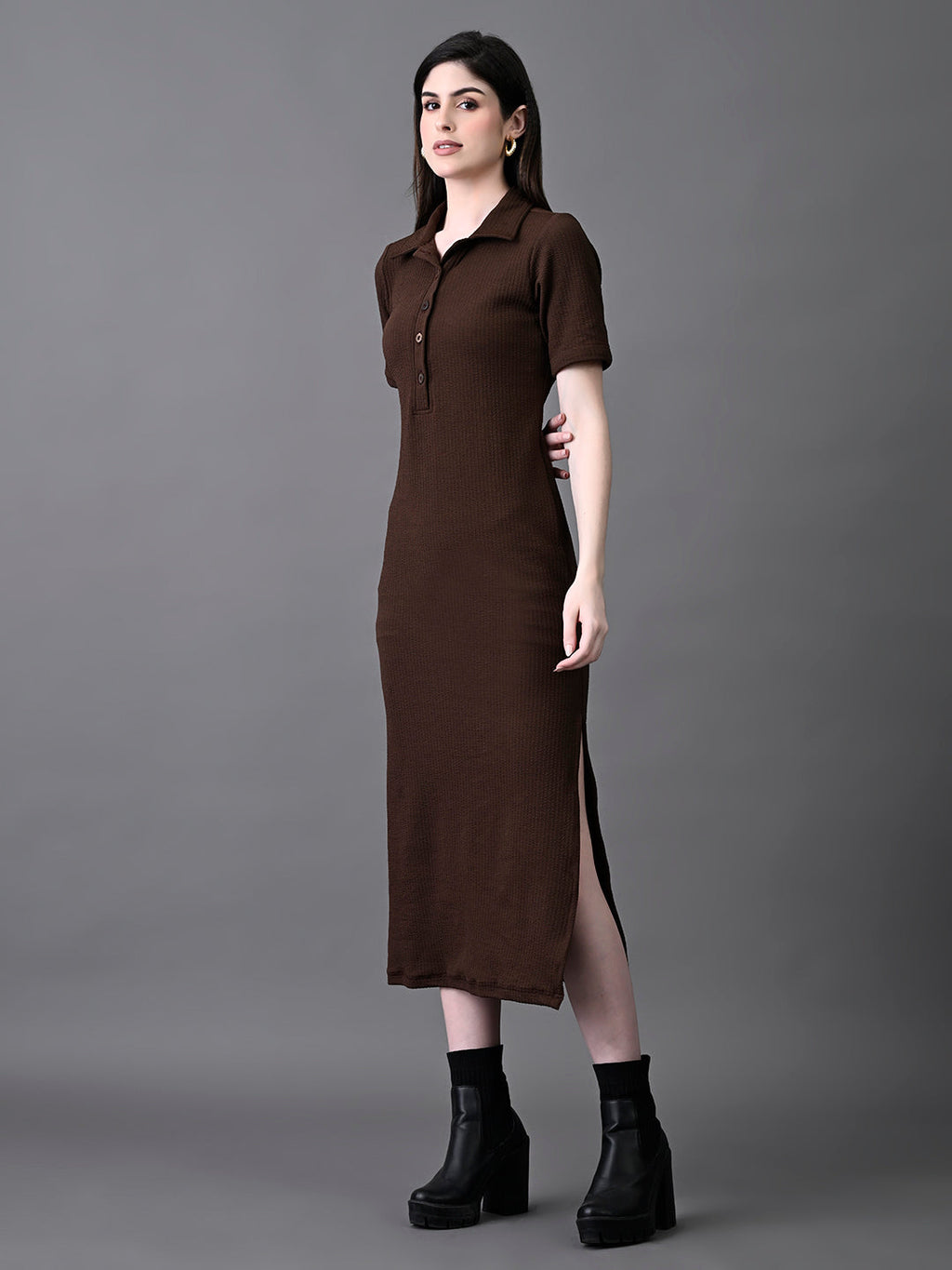 Myshka Women's Elegant Coffe Midi Dress With Collared Neckline - Distacart