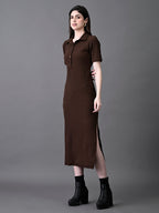 Myshka Women's Elegant Coffe Midi Dress With Collared Neckline - Distacart