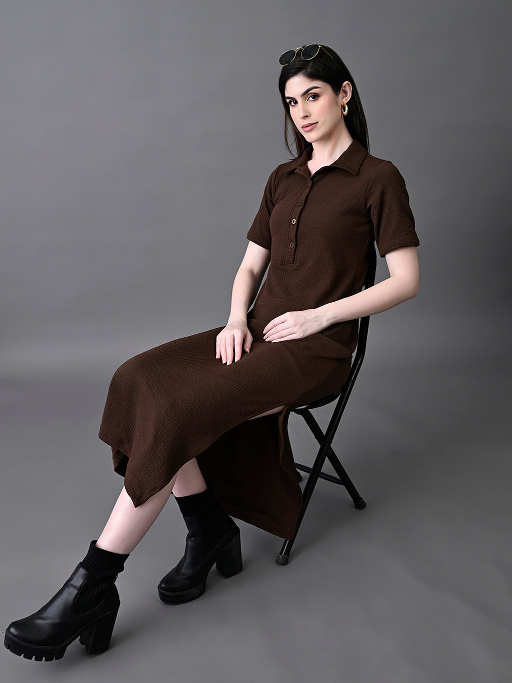 Myshka Women's Elegant Coffe Midi Dress With Collared Neckline - Distacart