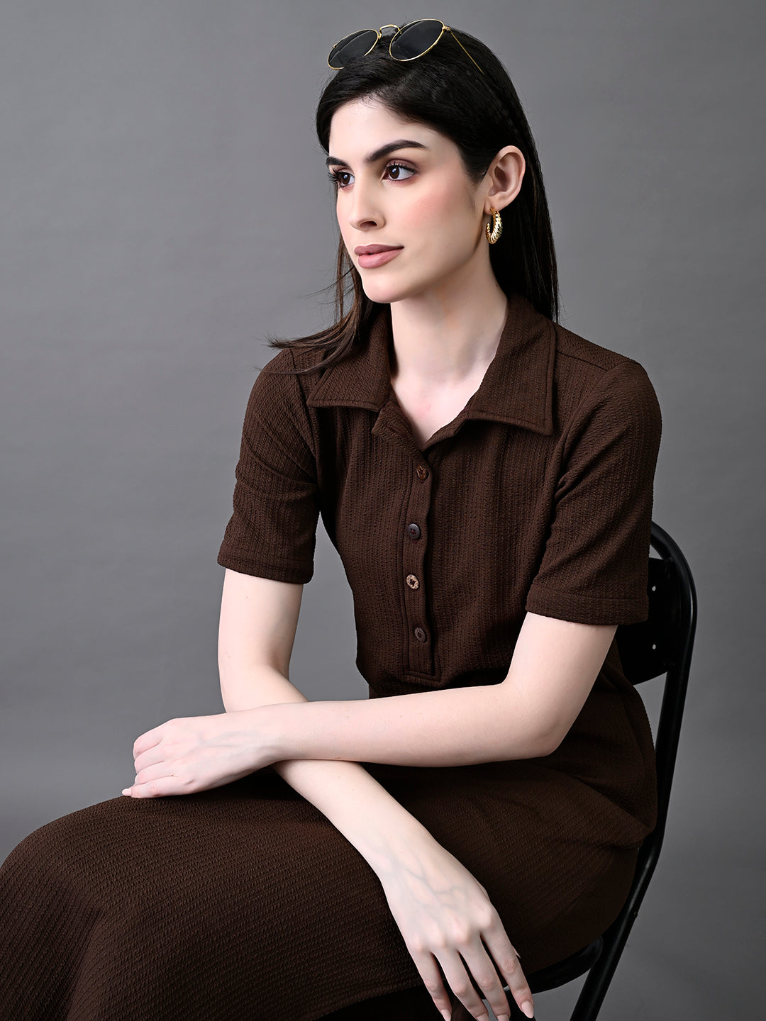 Myshka Women's Elegant Coffe Midi Dress With Collared Neckline - Distacart