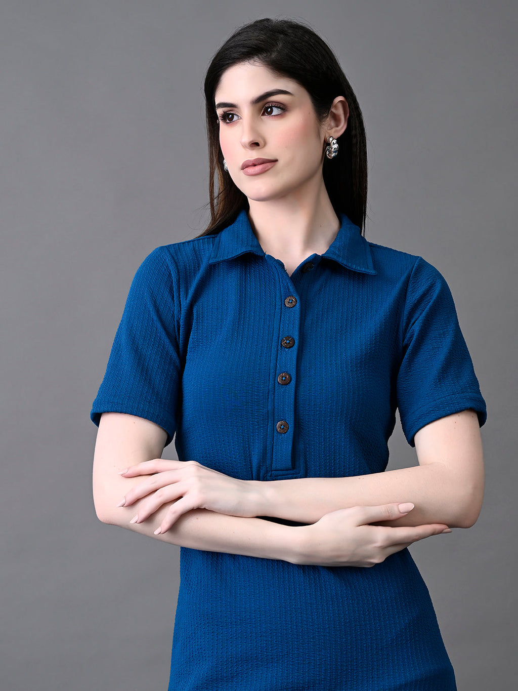 Myshka Women's Elegant Blue Midi Dress With Collared Neckline - Distacart