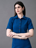 Myshka Women's Elegant Blue Midi Dress With Collared Neckline - Distacart