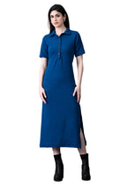Myshka Women's Elegant Blue Midi Dress With Collared Neckline - Distacart