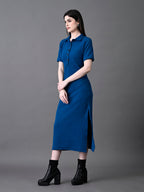 Myshka Women's Elegant Blue Midi Dress With Collared Neckline - Distacart