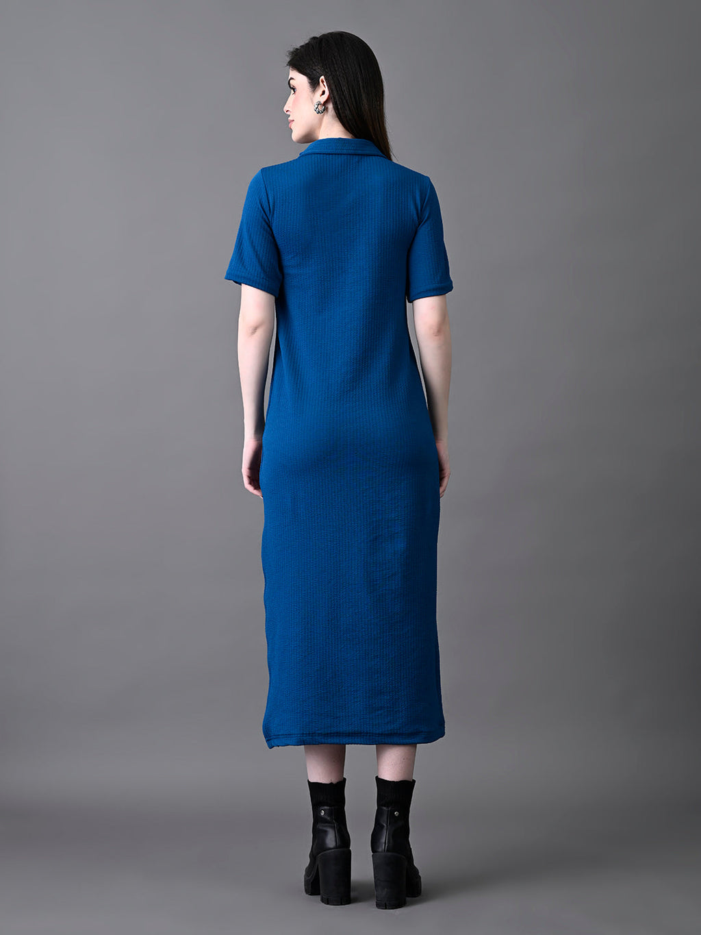 Myshka Women's Elegant Blue Midi Dress With Collared Neckline - Distacart