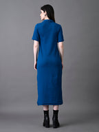 Myshka Women's Elegant Blue Midi Dress With Collared Neckline - Distacart