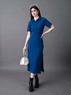 Myshka Women's Elegant Blue Midi Dress With Collared Neckline - Distacart
