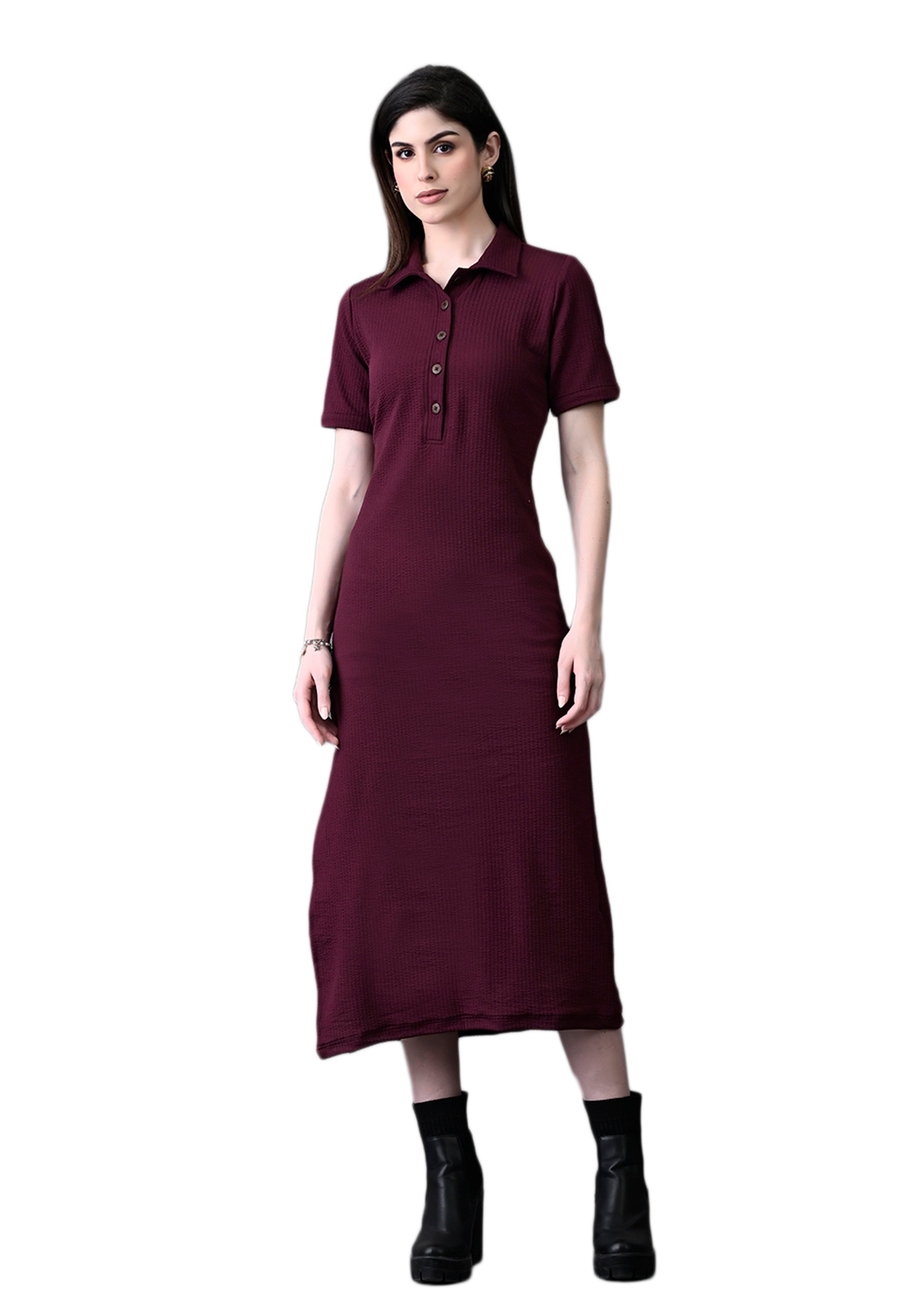 Myshka Women's Elegant Magenta Midi Dress With Collared Neckline - Distacart