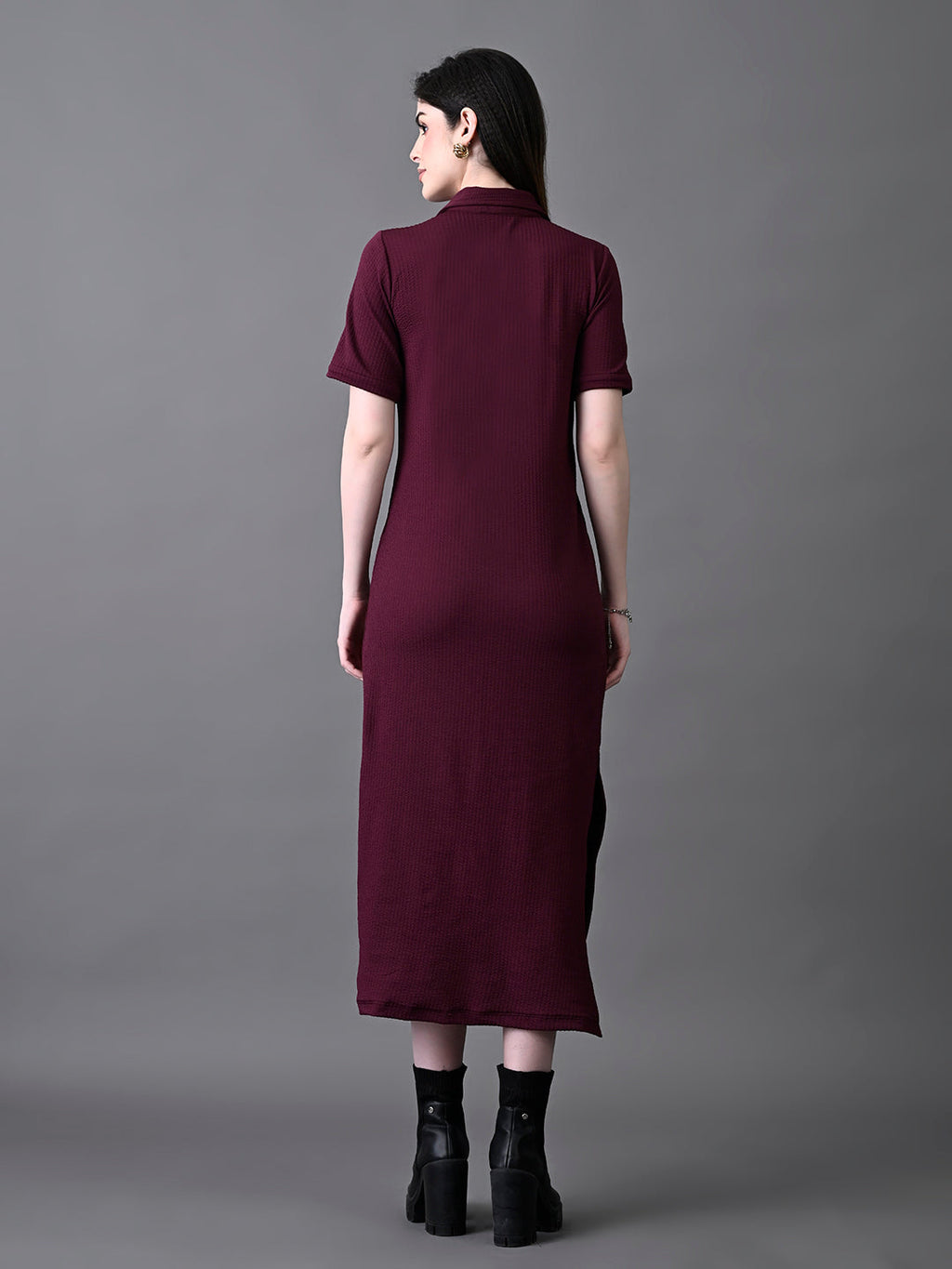 Myshka Women's Elegant Magenta Midi Dress With Collared Neckline - Distacart