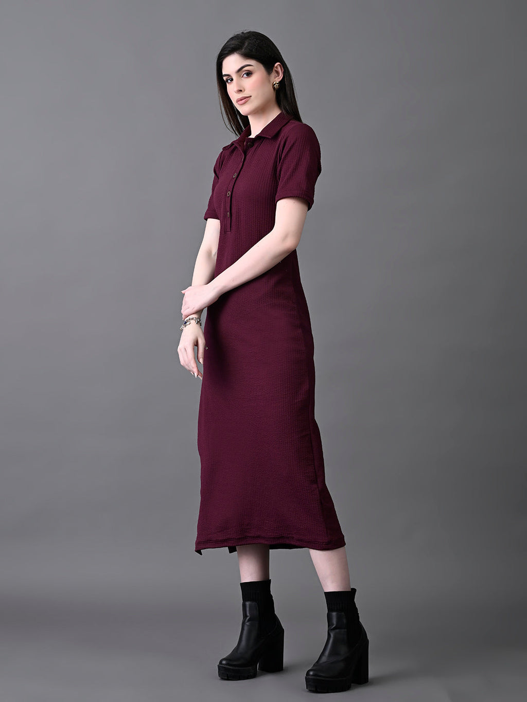 Myshka Women's Elegant Magenta Midi Dress With Collared Neckline - Distacart