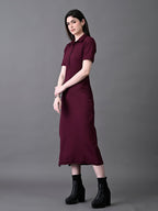 Myshka Women's Elegant Magenta Midi Dress With Collared Neckline - Distacart