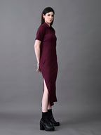 Myshka Women's Elegant Magenta Midi Dress With Collared Neckline - Distacart