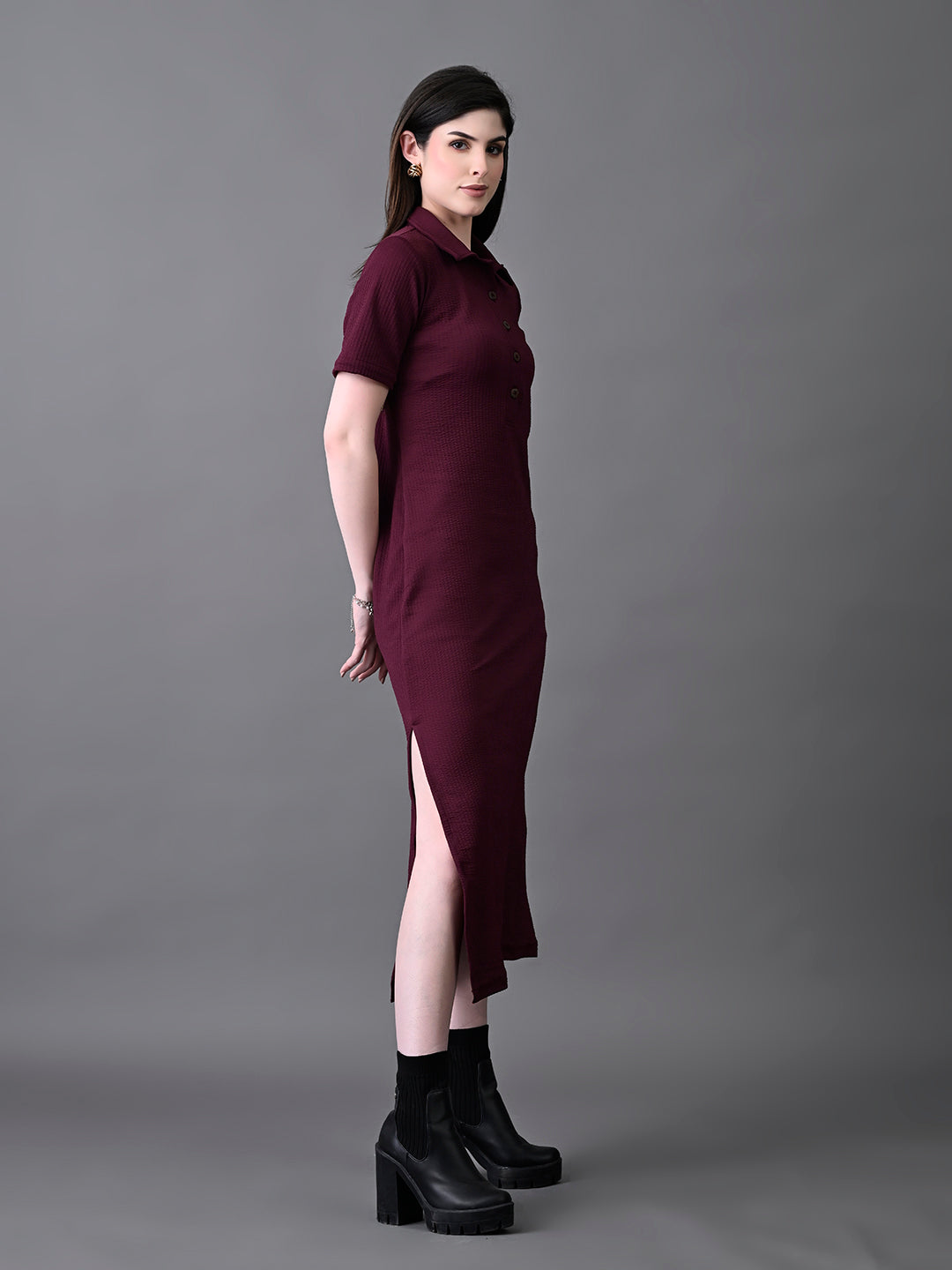Myshka Women's Elegant Magenta Midi Dress With Collared Neckline - Distacart