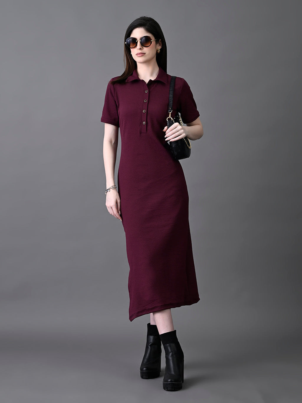 Myshka Women's Elegant Magenta Midi Dress With Collared Neckline - Distacart