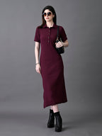 Myshka Women's Elegant Magenta Midi Dress With Collared Neckline - Distacart