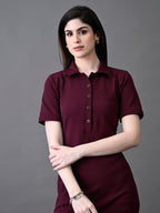 Myshka Women's Elegant Magenta Midi Dress With Collared Neckline - Distacart