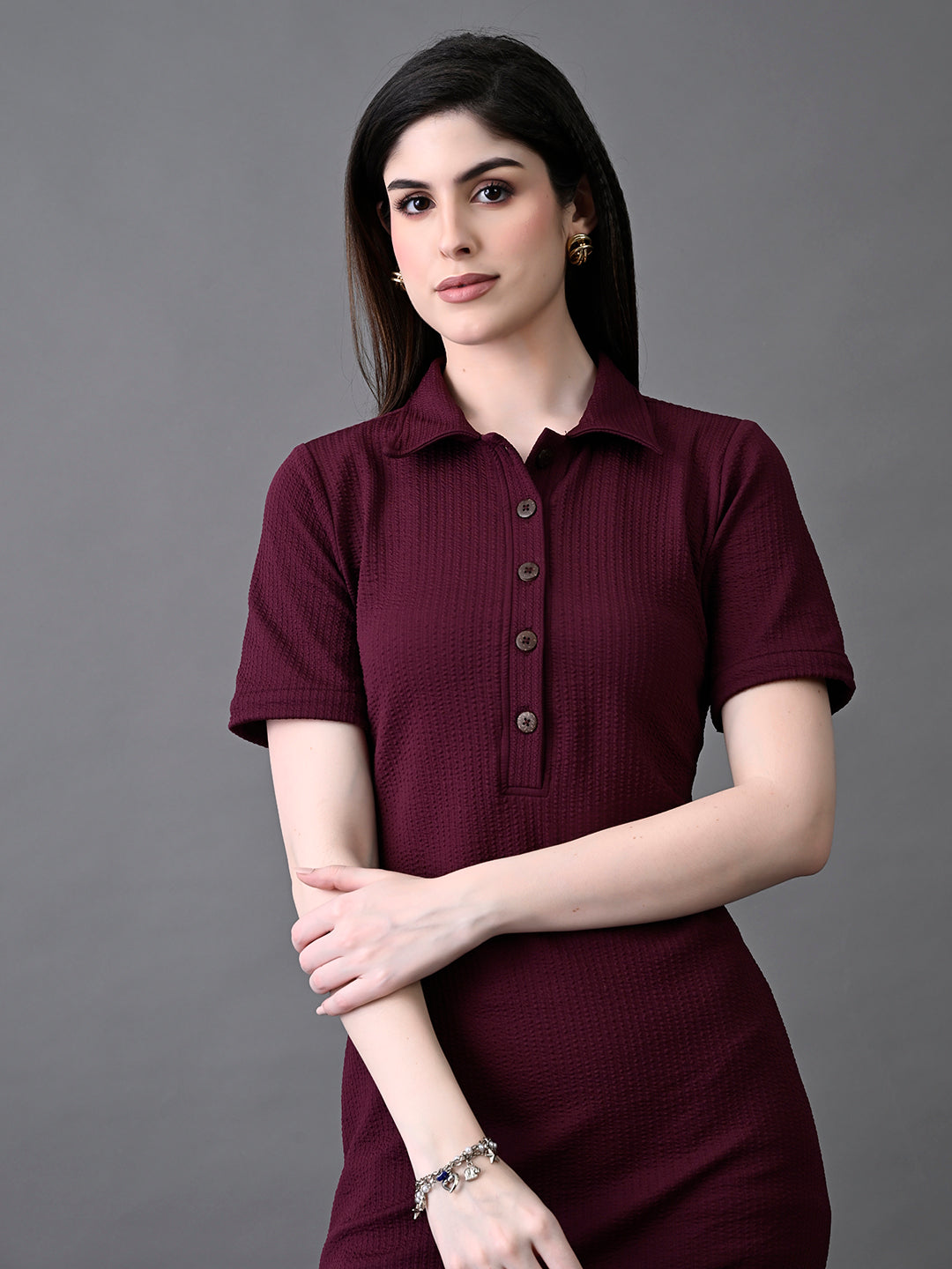 Myshka Women's Elegant Magenta Midi Dress With Collared Neckline - Distacart