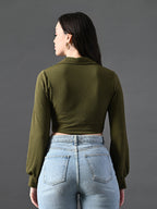 Myshka Women's Stylish Olive Green Wrap Crop Top With Full Sleeves