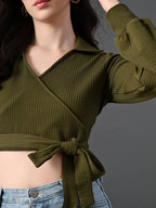 Myshka Women's Stylish Olive Green Wrap Crop Top With Full Sleeves