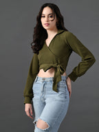 Myshka Women's Stylish Olive Green Wrap Crop Top With Full Sleeves