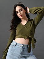 Myshka Women's Stylish Olive Green Wrap Crop Top With Full Sleeves