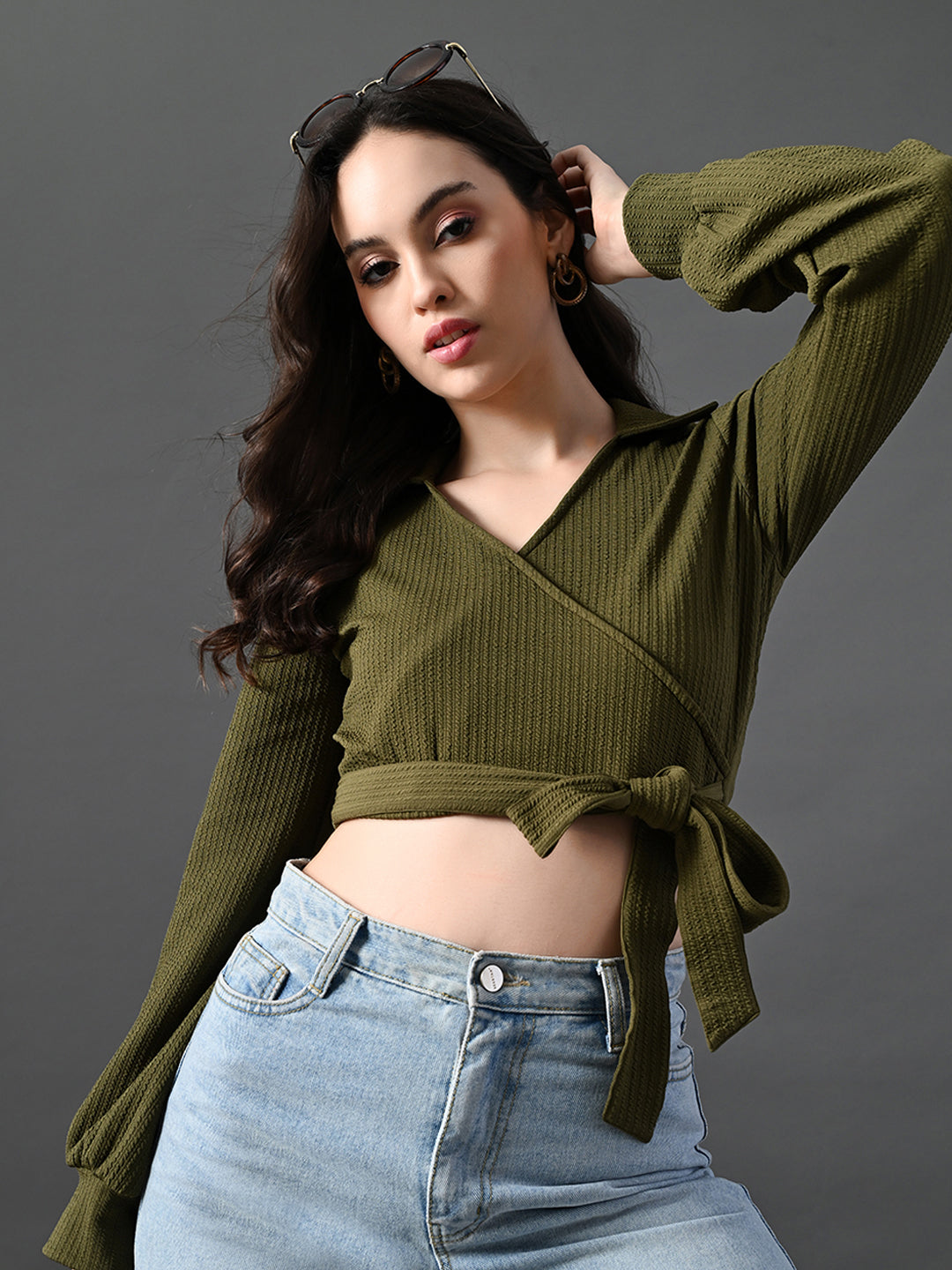 Myshka Women's Stylish Olive Green Wrap Crop Top With Full Sleeves