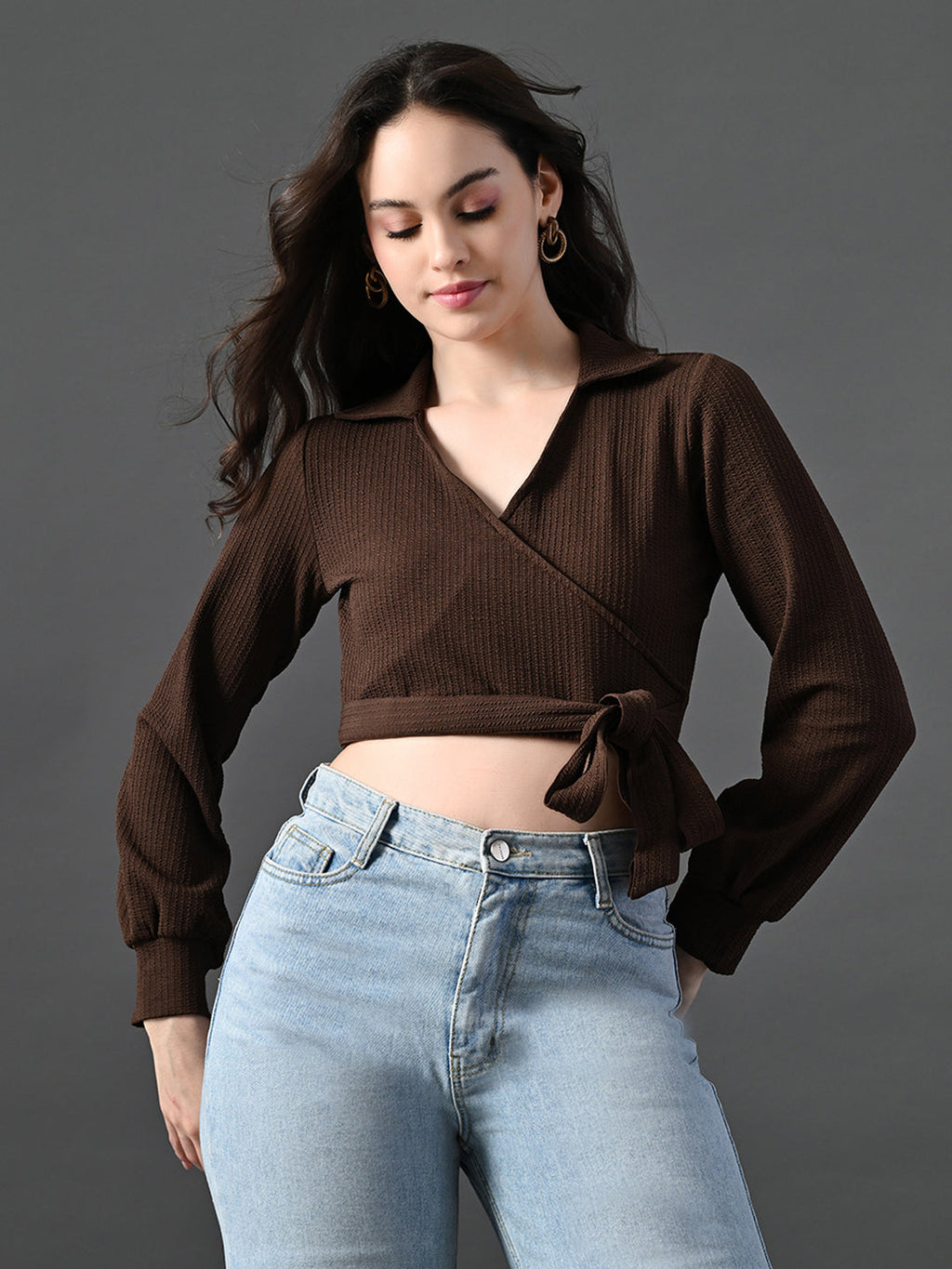 Myshka Women's Stylish Coffe Wrap Crop Top With Full Sleeves