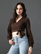Myshka Women's Stylish Coffe Wrap Crop Top With Full Sleeves
