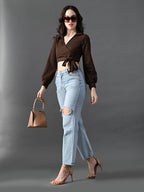 Myshka Women's Stylish Coffe Wrap Crop Top With Full Sleeves