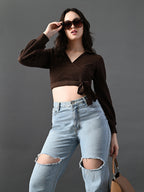Myshka Women's Stylish Coffe Wrap Crop Top With Full Sleeves