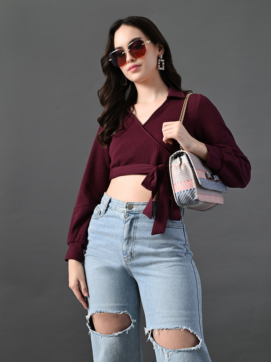 Myshka Women's Stylish Magenta Wrap Crop Top With Full Sleeves