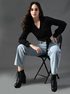 Myshka Women's Stylish Black Wrap Crop Top With Full Sleeves