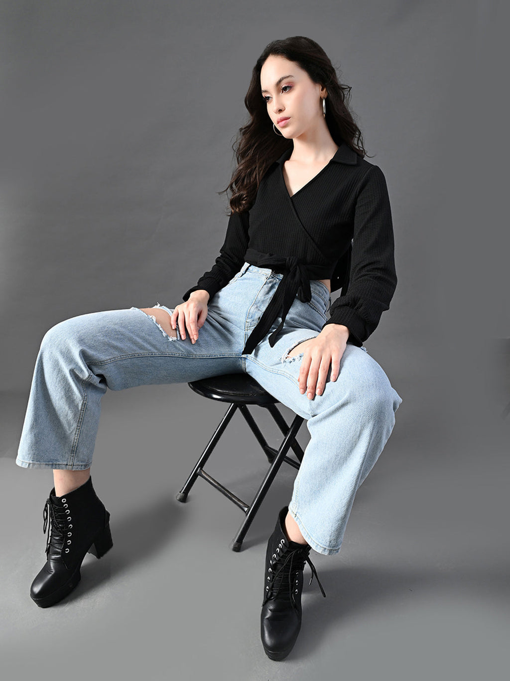 Myshka Women's Stylish Black Wrap Crop Top With Full Sleeves