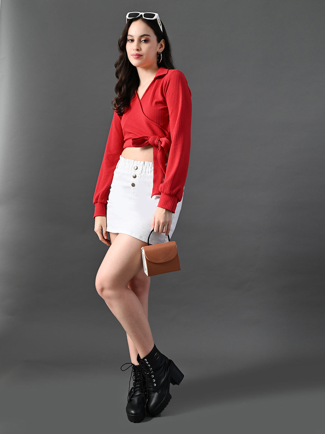 Myshka Women's Stylish Red Wrap Crop Top With Full Sleeves