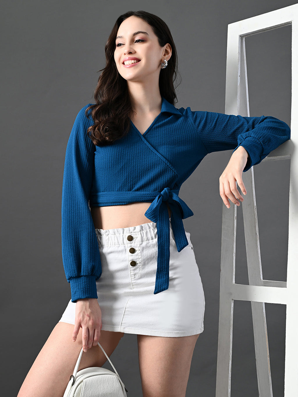 Myshka Women's Stylish Blue Wrap Crop Top With Full Sleeves