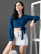 Myshka Women's Stylish Blue Wrap Crop Top With Full Sleeves
